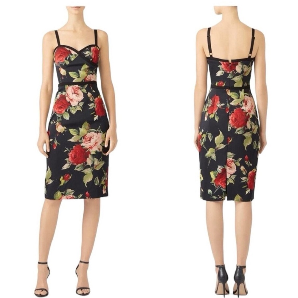 Black Halo Black Floral Backless Sheath Dress with Red & Pink Roses